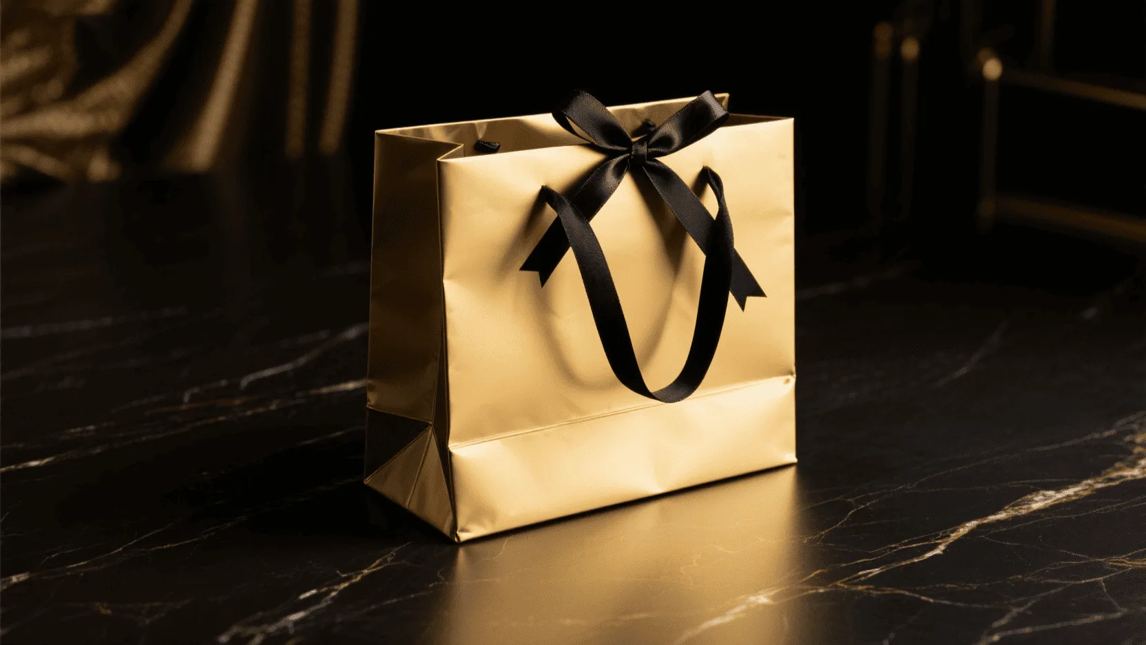 A luxurious gold paper bag with black ribbon handles sitting on a dark, elegant surface.
