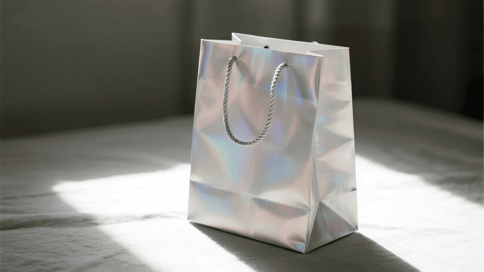 A beautiful holographic paper bag shimmering with rainbow colors as light hits its surface.