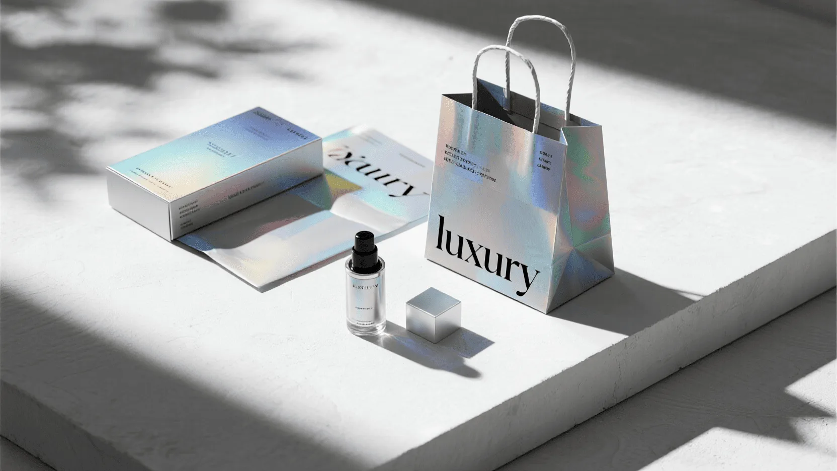 A luxury cosmetic product displayed next to its sleek, holographic box, conveying a sense of futurism and quality.