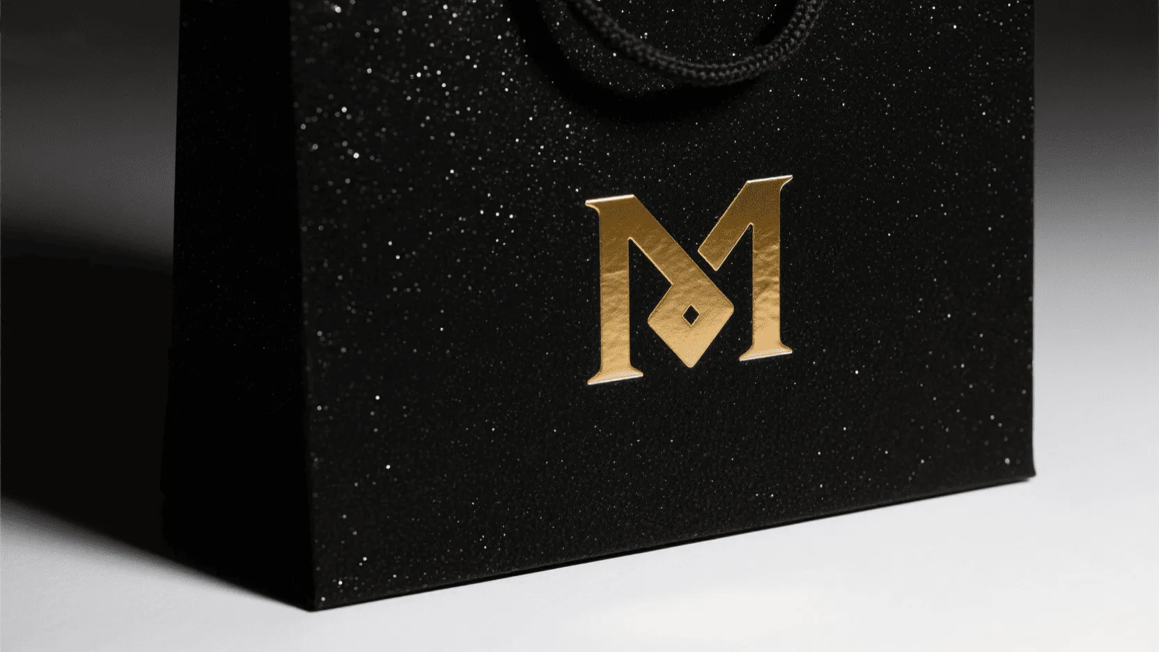 Detailed shot of a matte gold foil logo stamped onto a black glitter paper bag, showing the clean edges and beautiful contrast.