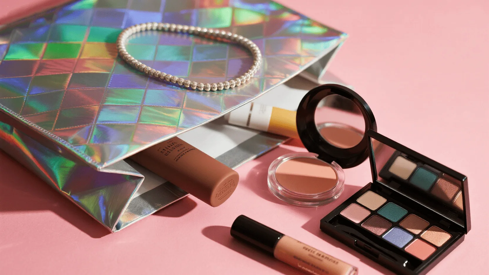 A flat lay of cosmetic products with a holographic makeup bag, showing vibrant colors and shimmer.