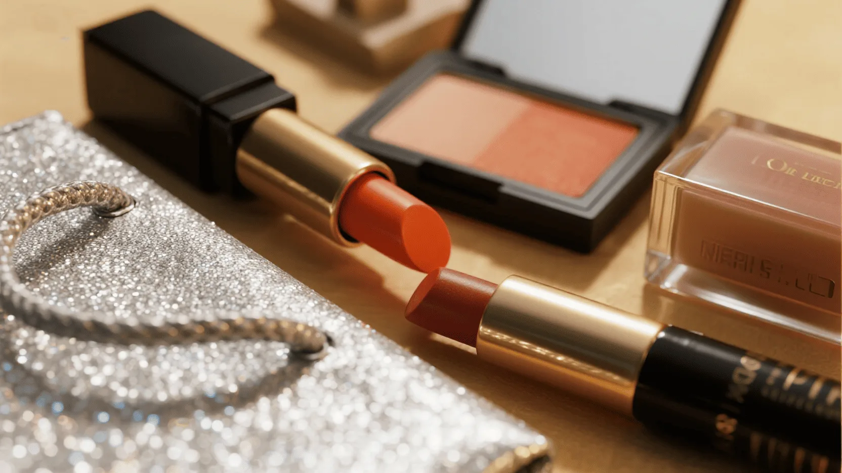 A flat lay of cosmetic products like lipstick and eyeshadow next to a shimmering silver glitter paper bag.