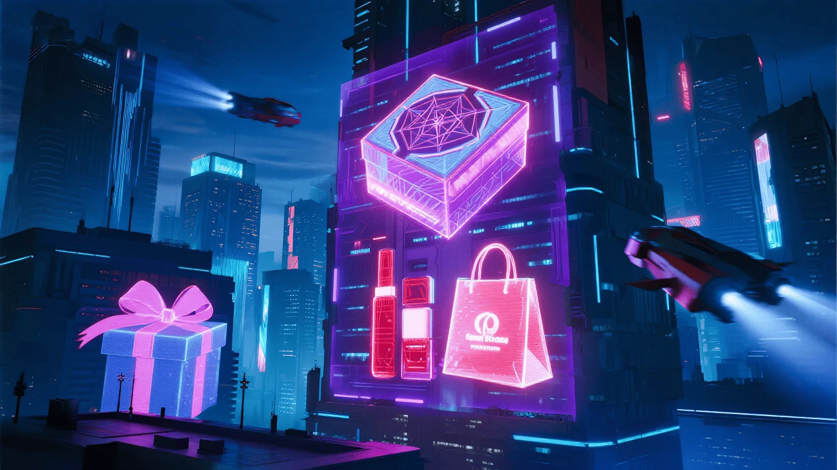 A futuristic cityscape with holographic billboards, symbolizing the forward-looking trend of holographic packaging.