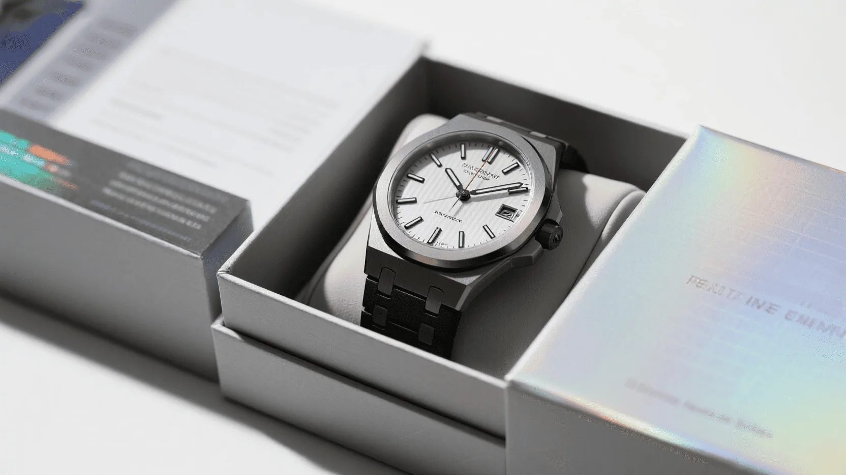 A sleek, high-end watch displayed in a box with subtle holographic foil accents.