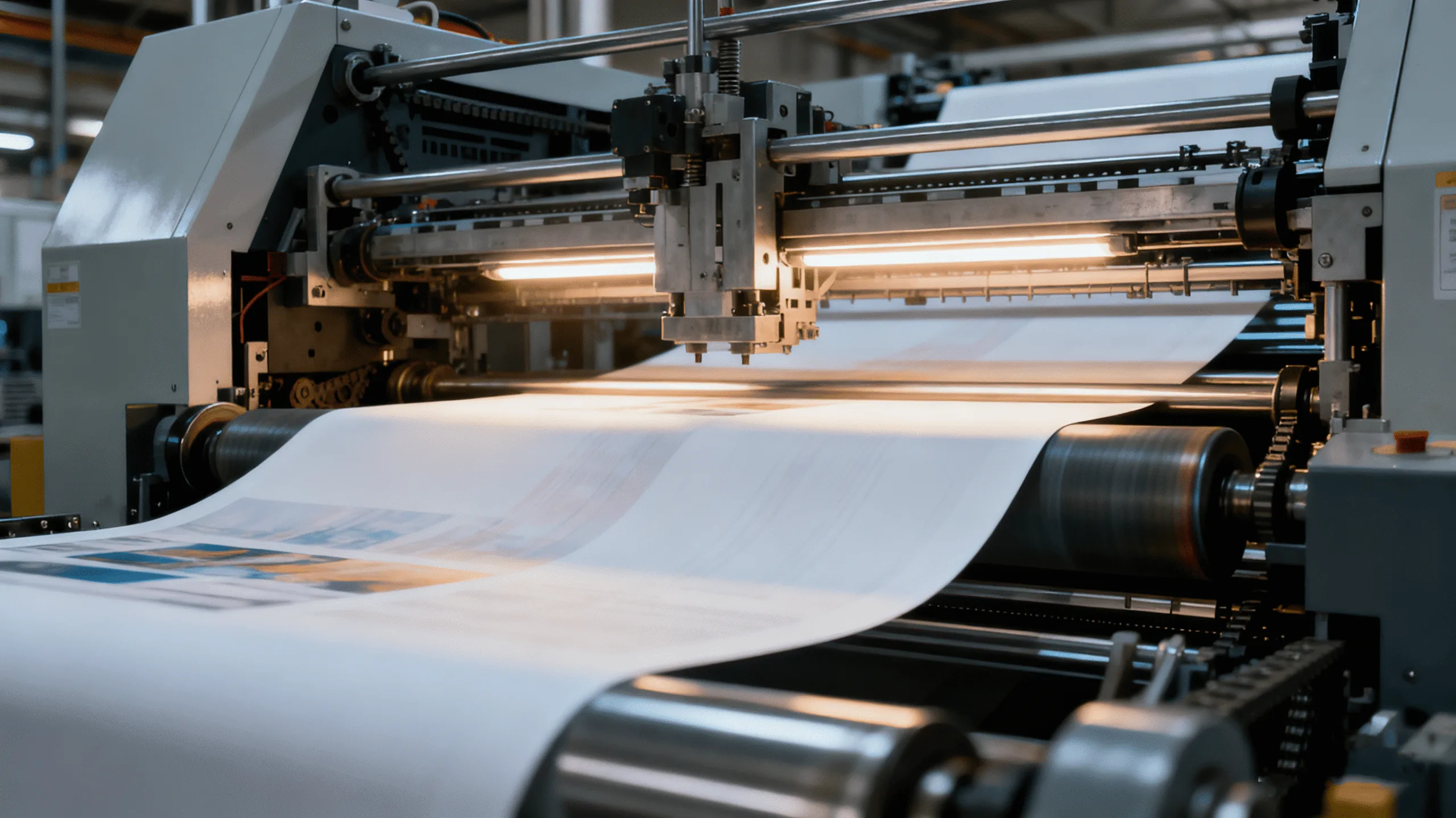 A large, modern offset printing press running sheets of paper with perfect precision.