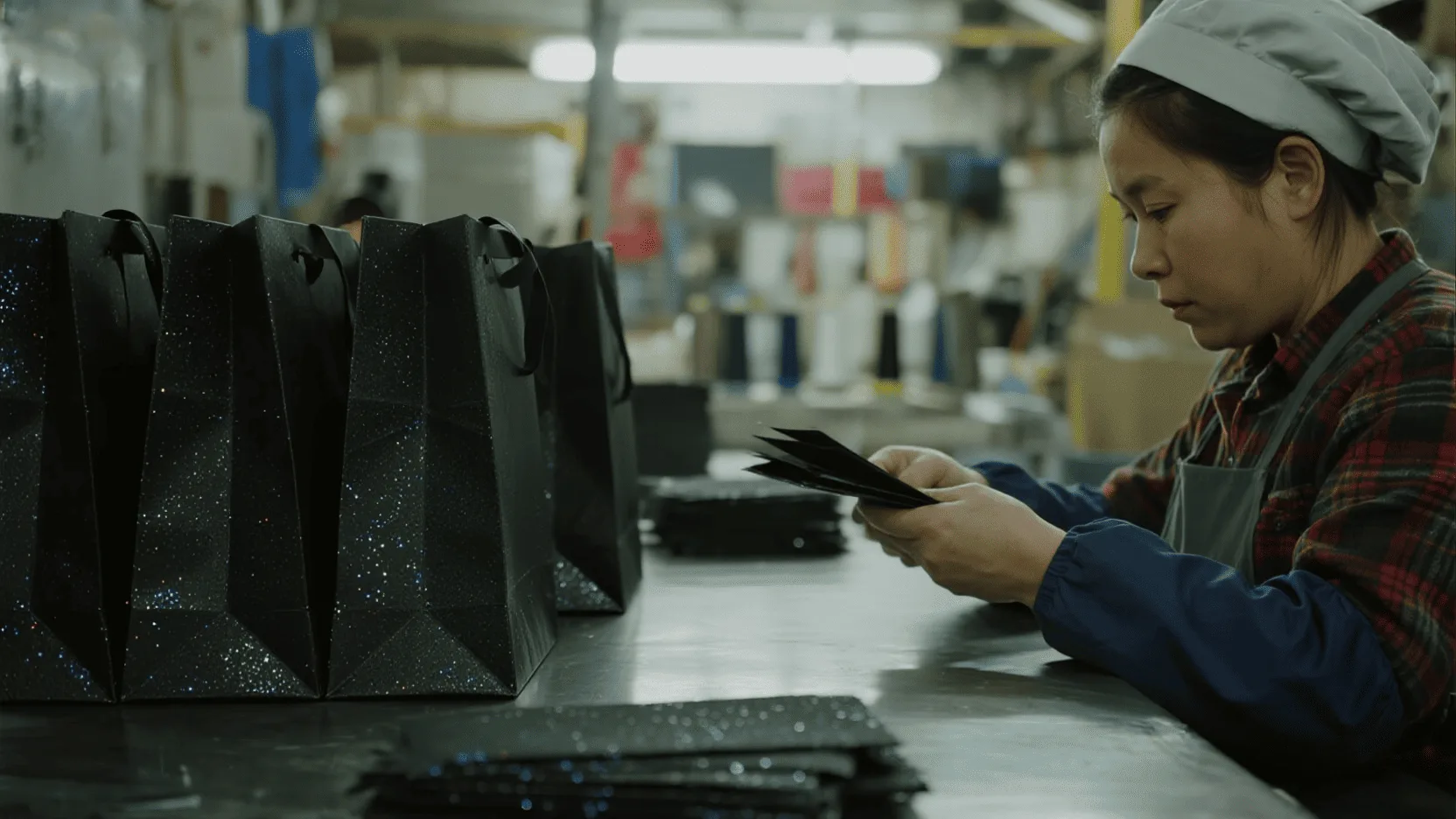 A factory worker carefully inspecting a newly folded black glitter bag coming off the production line.