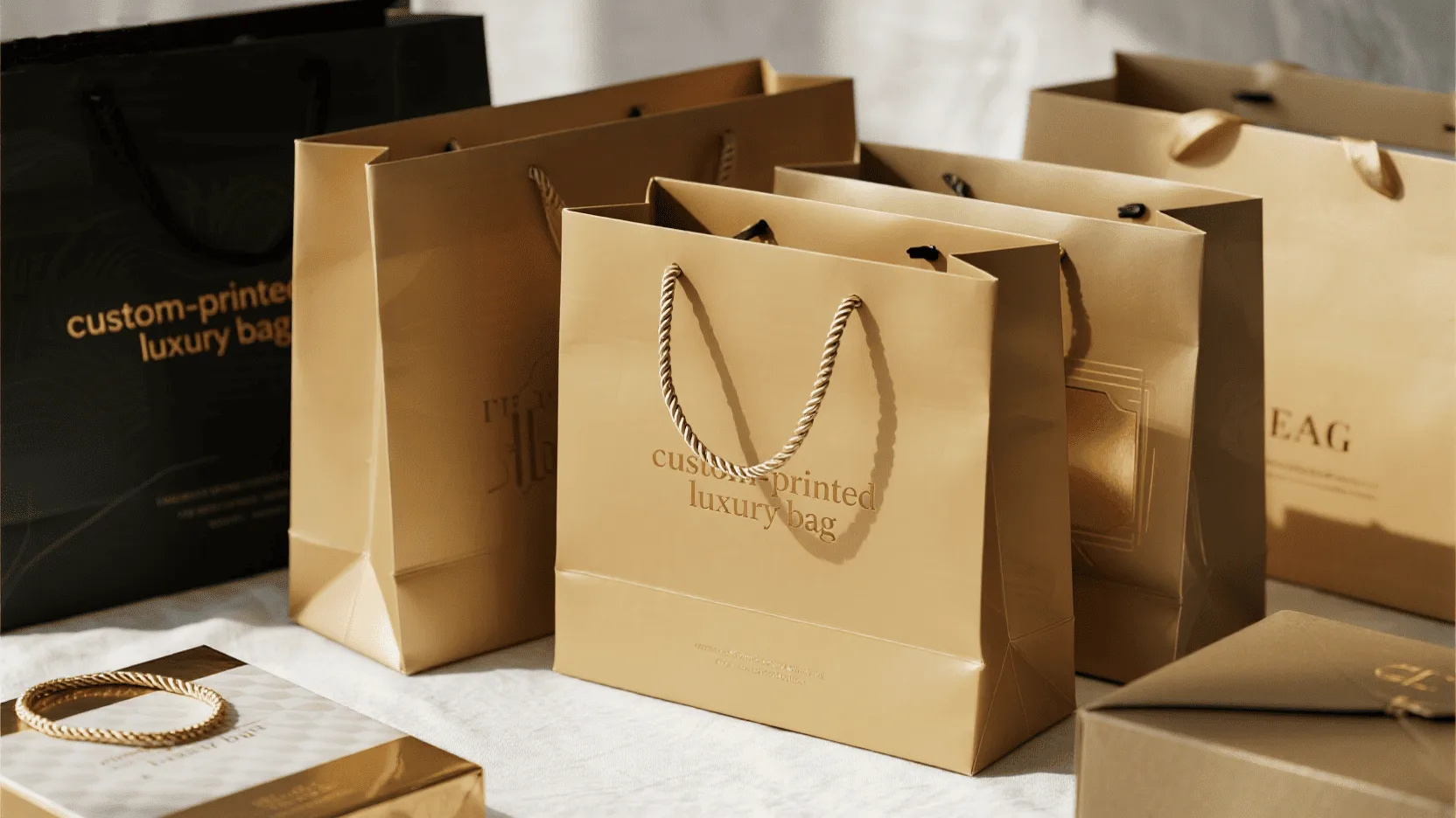 A collection of luxurious custom-printed coated paper bags with various high-end finishes like foil and embossing.