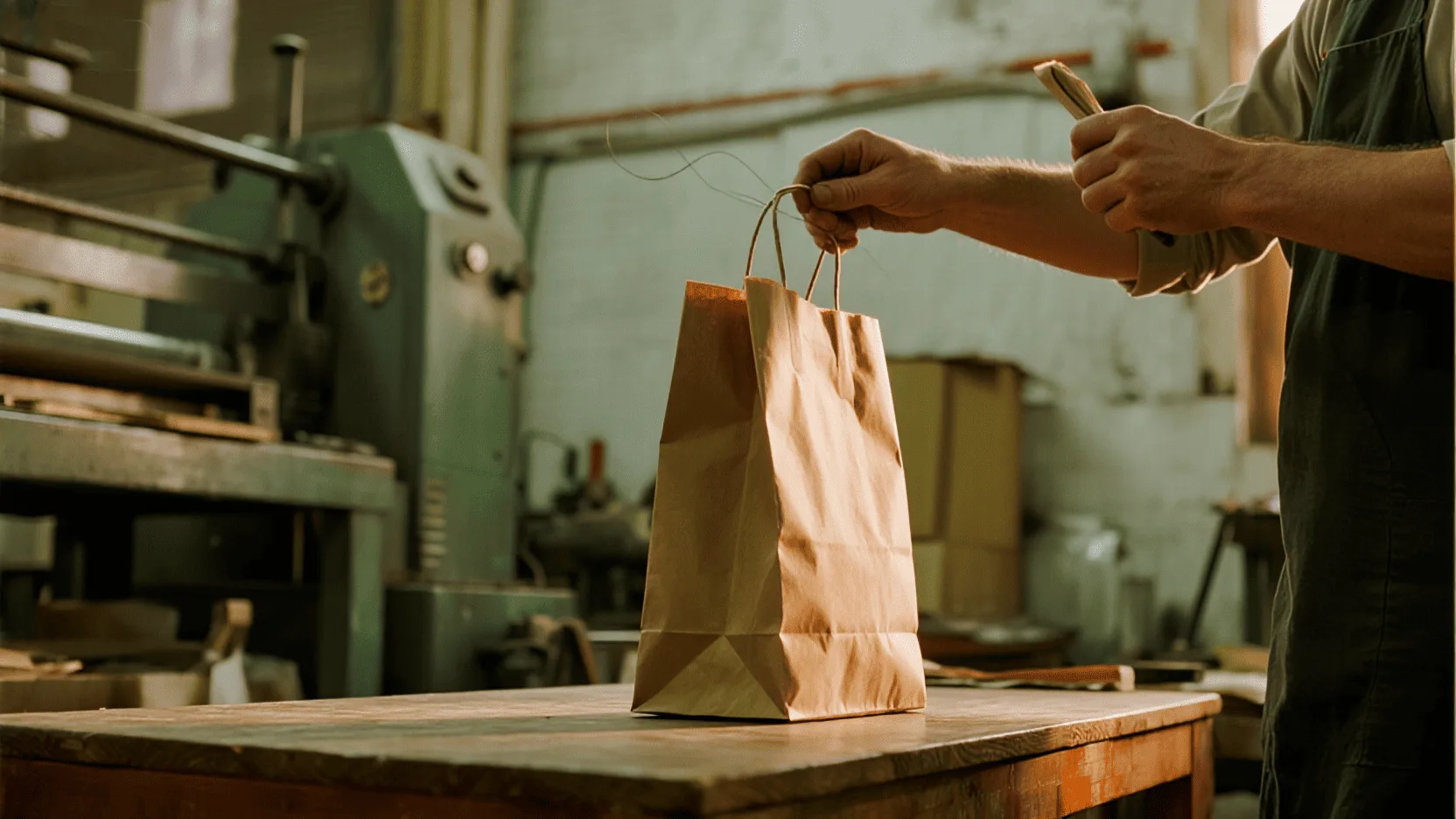 A worker performing a pull test on a paper bag handle to ensure its strength and durability.