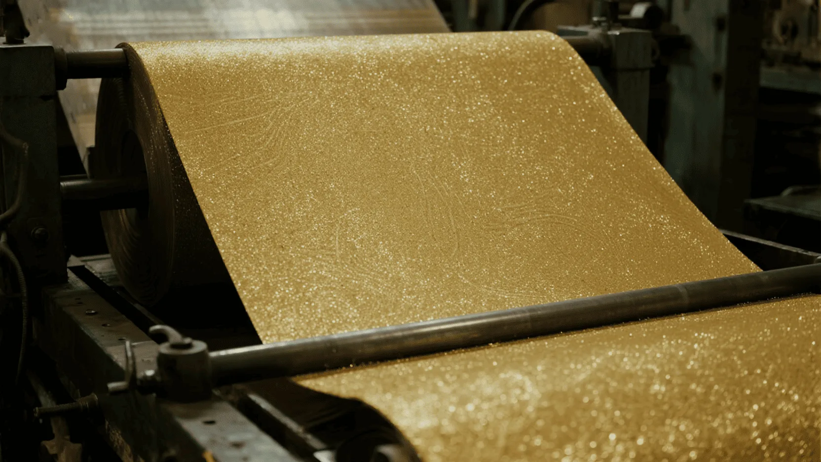 A large, industrial roll of shimmering gold glitter paper waiting to be fed into a manufacturing machine.