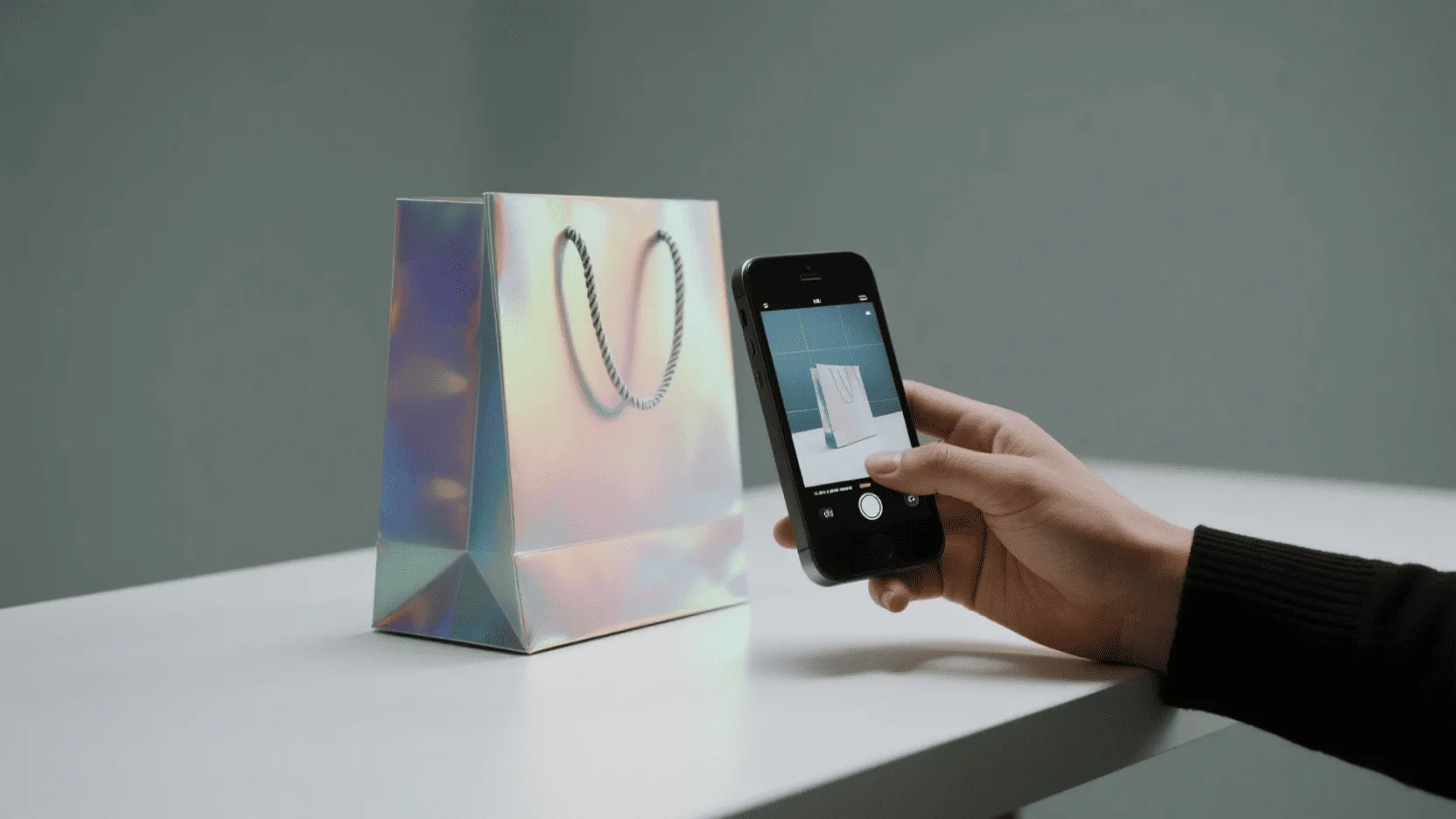 A smartphone screen held up to a holographic bag, showing an augmented reality animation emerging from the bag's surface.
