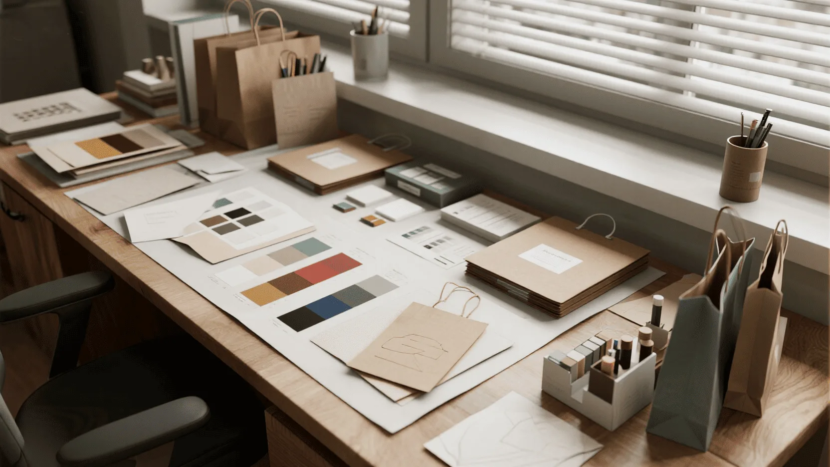 A designer's workspace with paper swatches, Pantone color books, and proofs of a bag design.