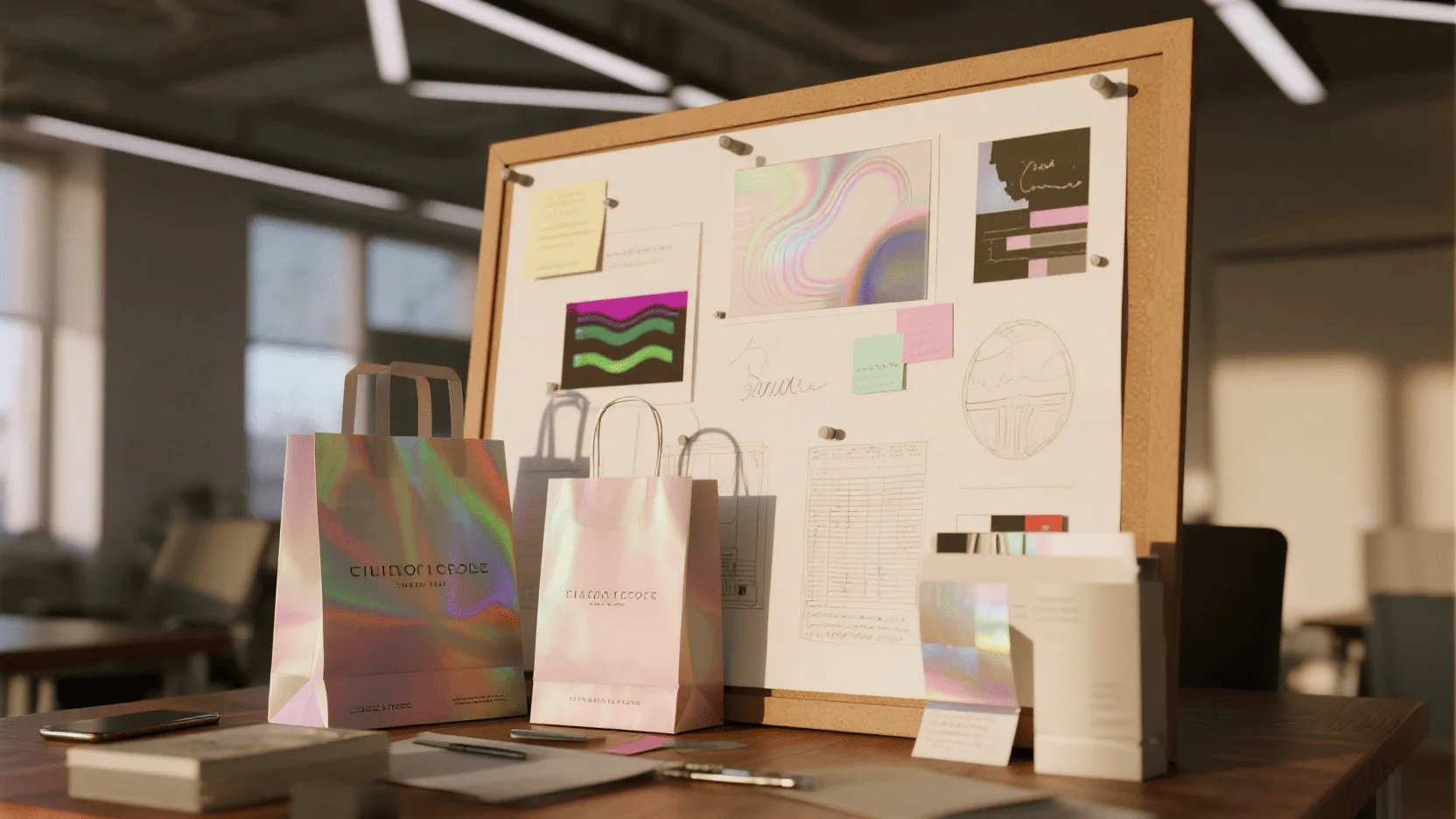 A designer's desk showing a mood board with holographic swatches, brand color palettes, and sketches of bag designs.