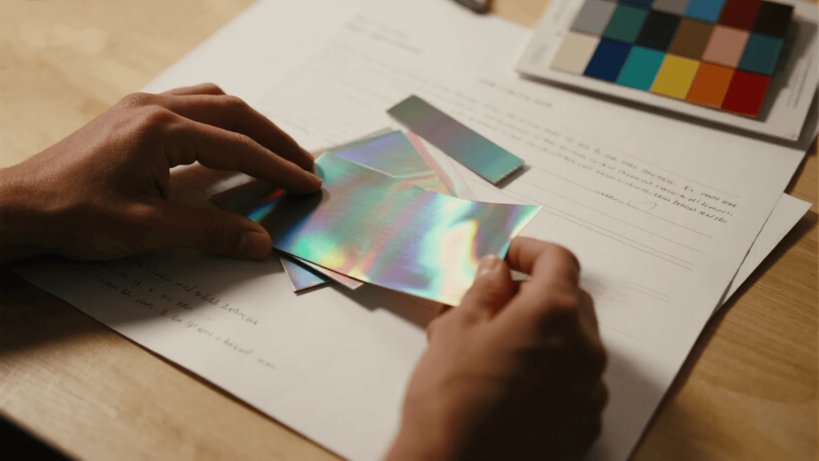 A close-up shot of a designer's hands examining different holographic material swatches and paper samples.