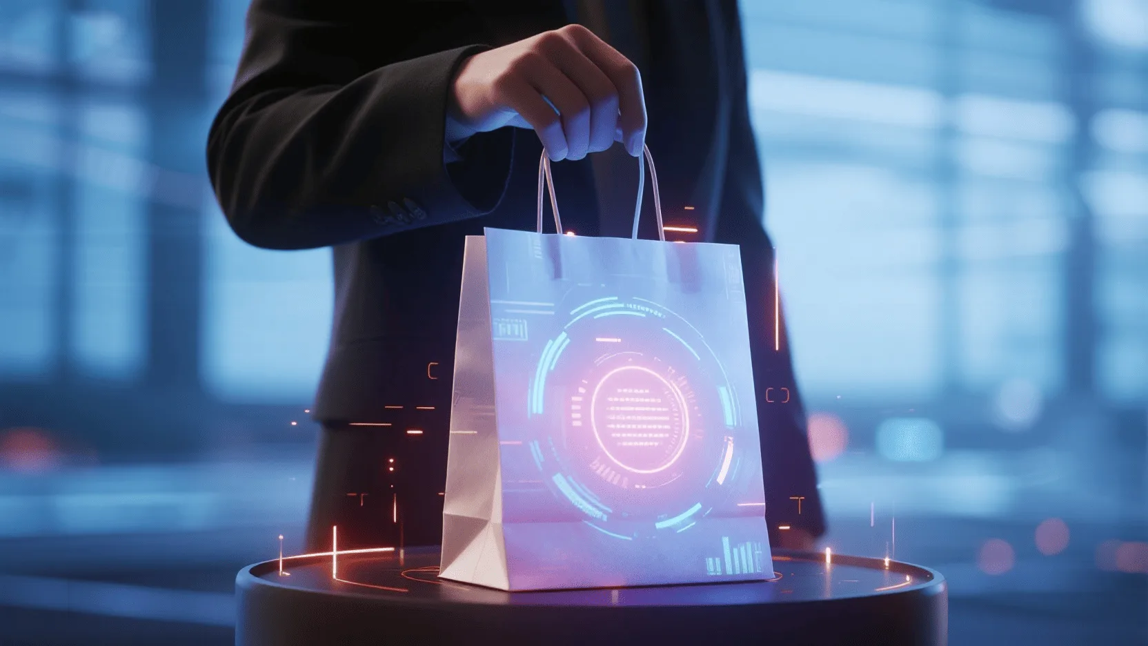 A futuristic, glowing holographic paper bag with digital data streams flowing from it, held in a person's hand.