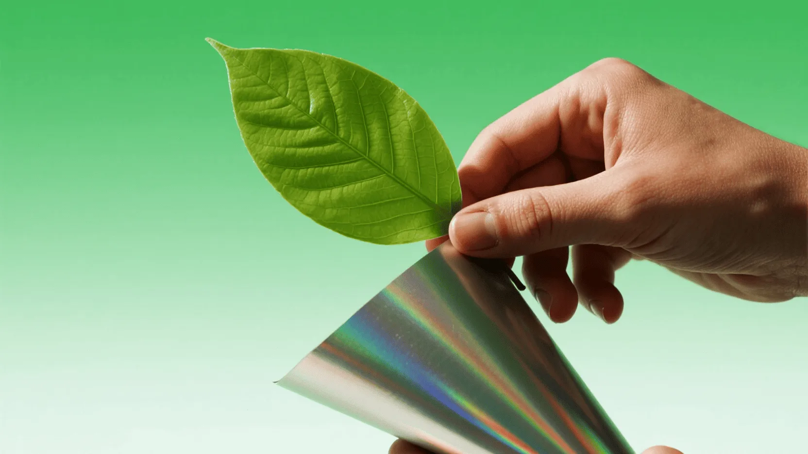 A hand holding a green leaf over a sheet of paper, symbolizing the move towards sustainable paper and packaging solutions.