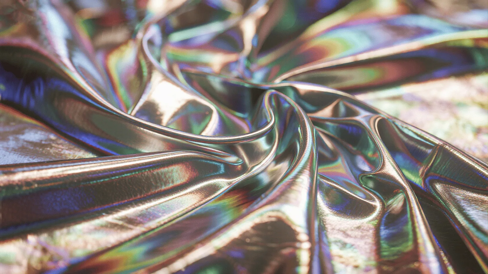 A close-up shot of the surface of a holographic material, showing the spectrum of colors and patterns.
