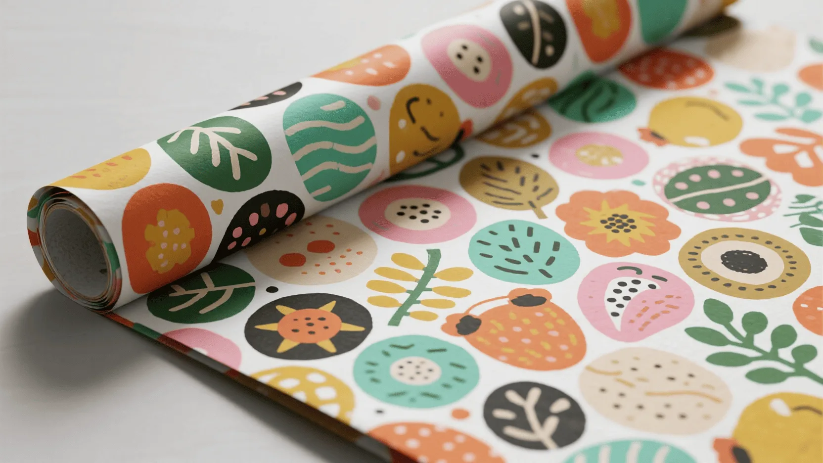 Close-up of a high-quality, full-color logo printed on the smooth surface of white kraft wrapping paper.