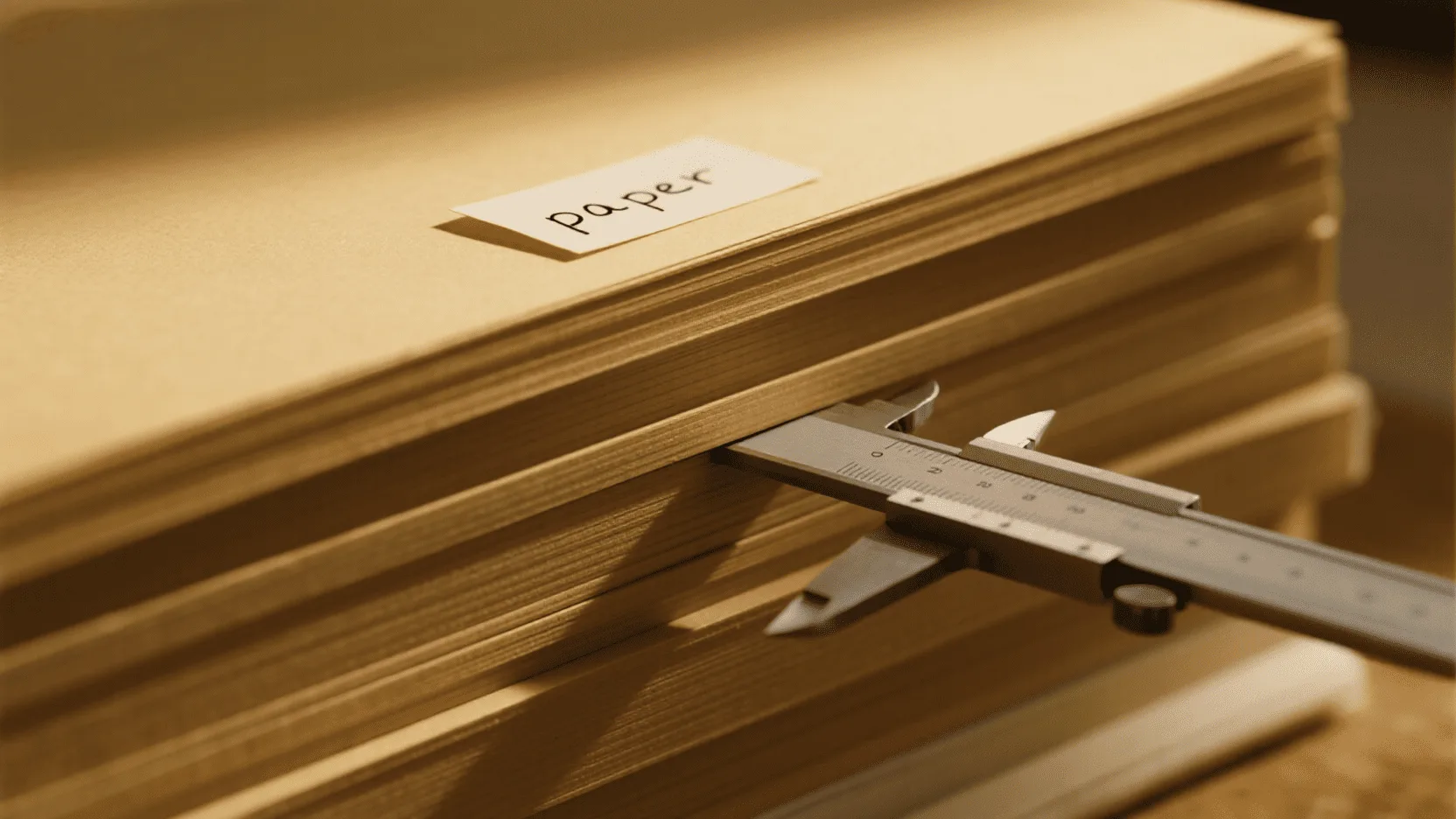 A stack of thick, high-quality paper sheets, with one sheet being measured by a caliper to show its thickness.