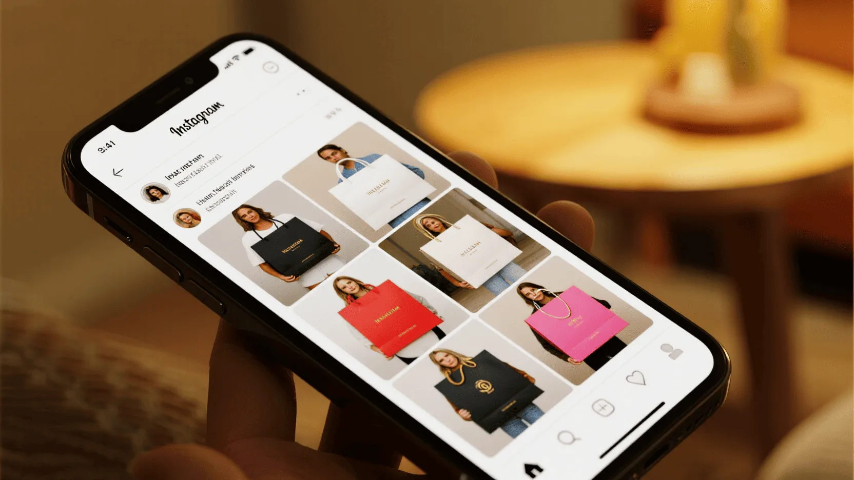 A smartphone screen showing an Instagram feed filled with customer photos featuring branded packaging.