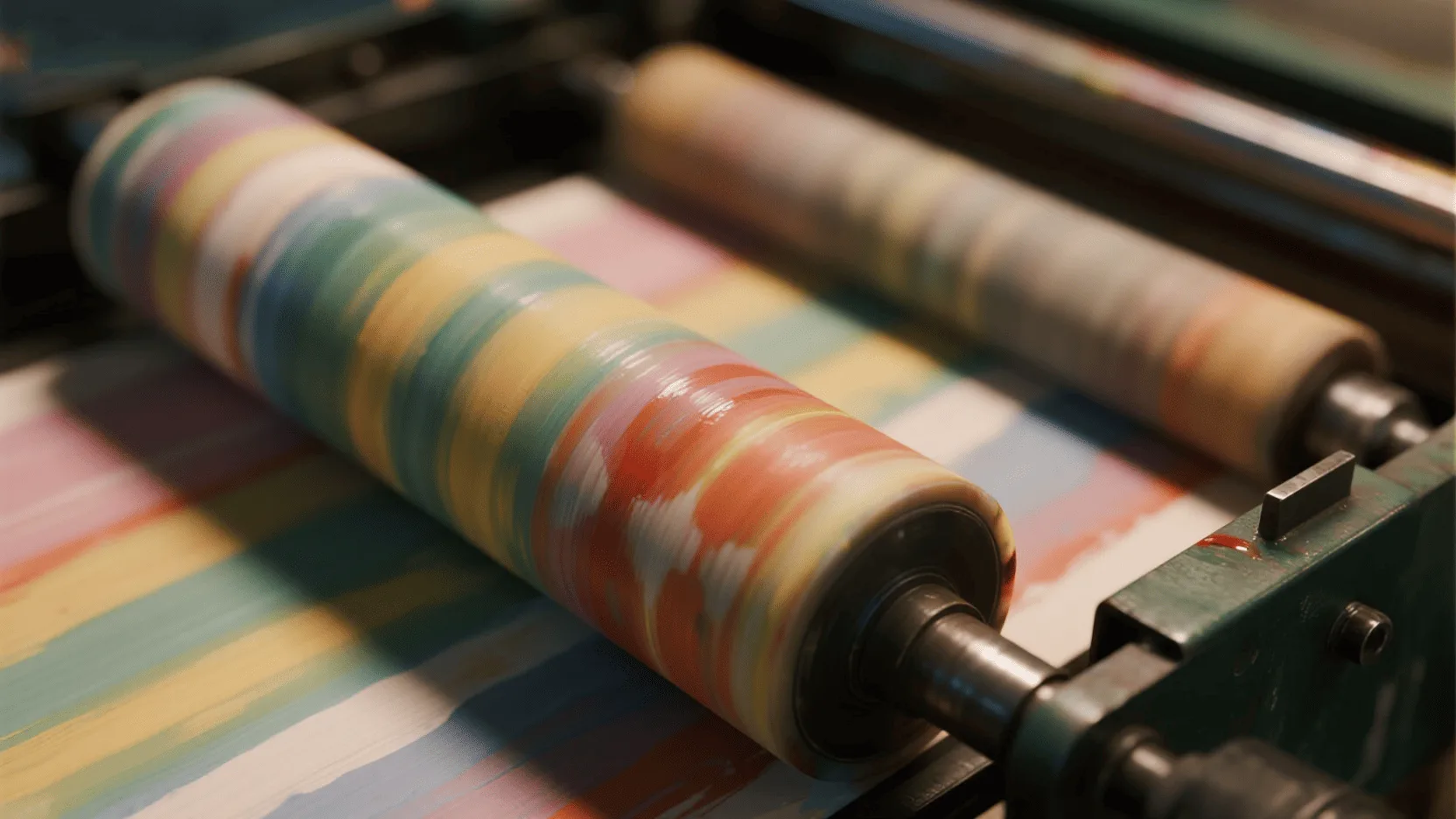 A printing press roller coated in vibrant, eco-friendly water-based ink, ready for production.