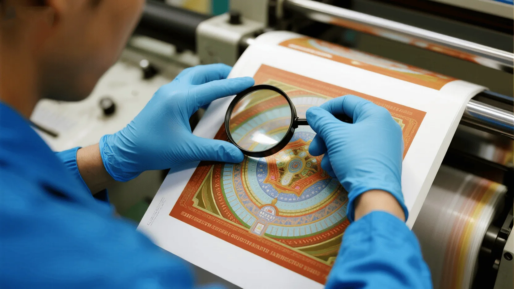 A quality control inspector examining a sheet of printed paper with a magnifying loupe in a factory.