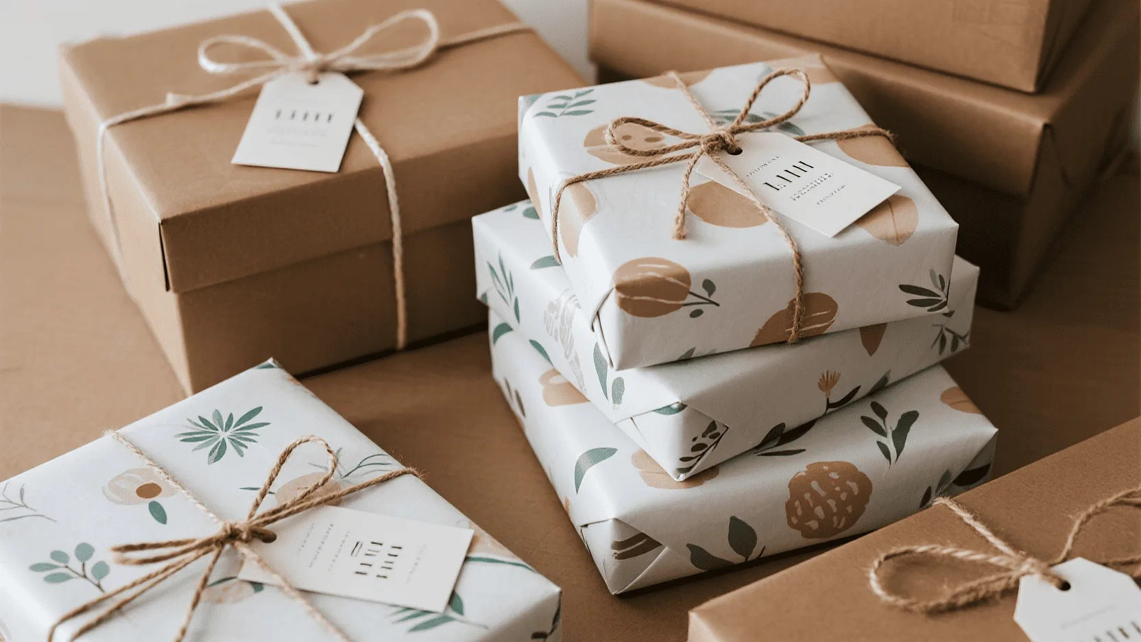 A stack of beautifully wrapped gifts in white kraft paper, tied with branded ribbons and custom gift tags, ready for shipping from a small boutique.