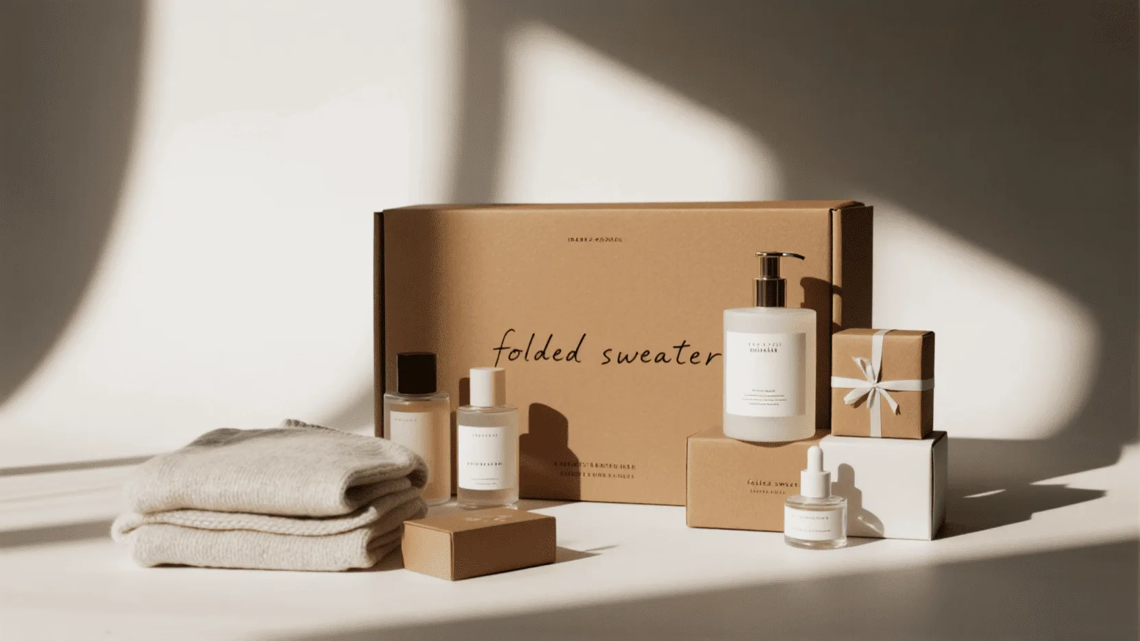 A flat lay of various products—a folded sweater, a cosmetic bottle, and a small gift box—all elegantly wrapped in custom-printed white kraft paper.