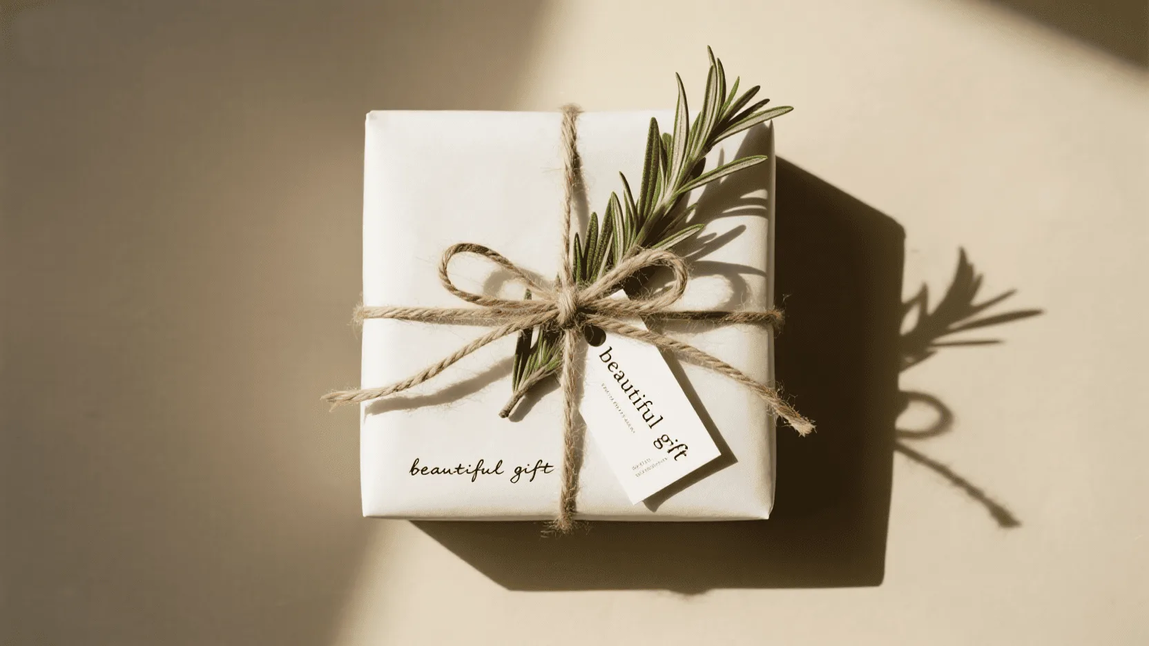 A beautifully wrapped gift in minimalist white kraft paper, tied with natural twine and a sprig of greenery.