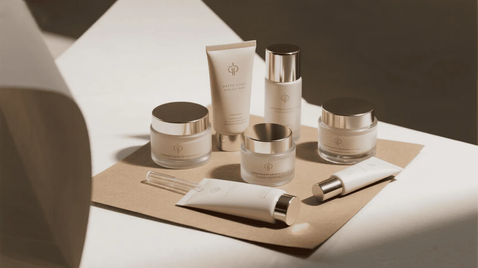 An array of luxury cosmetic products like serums and creams beautifully arranged on a background of crisp white kraft paper.