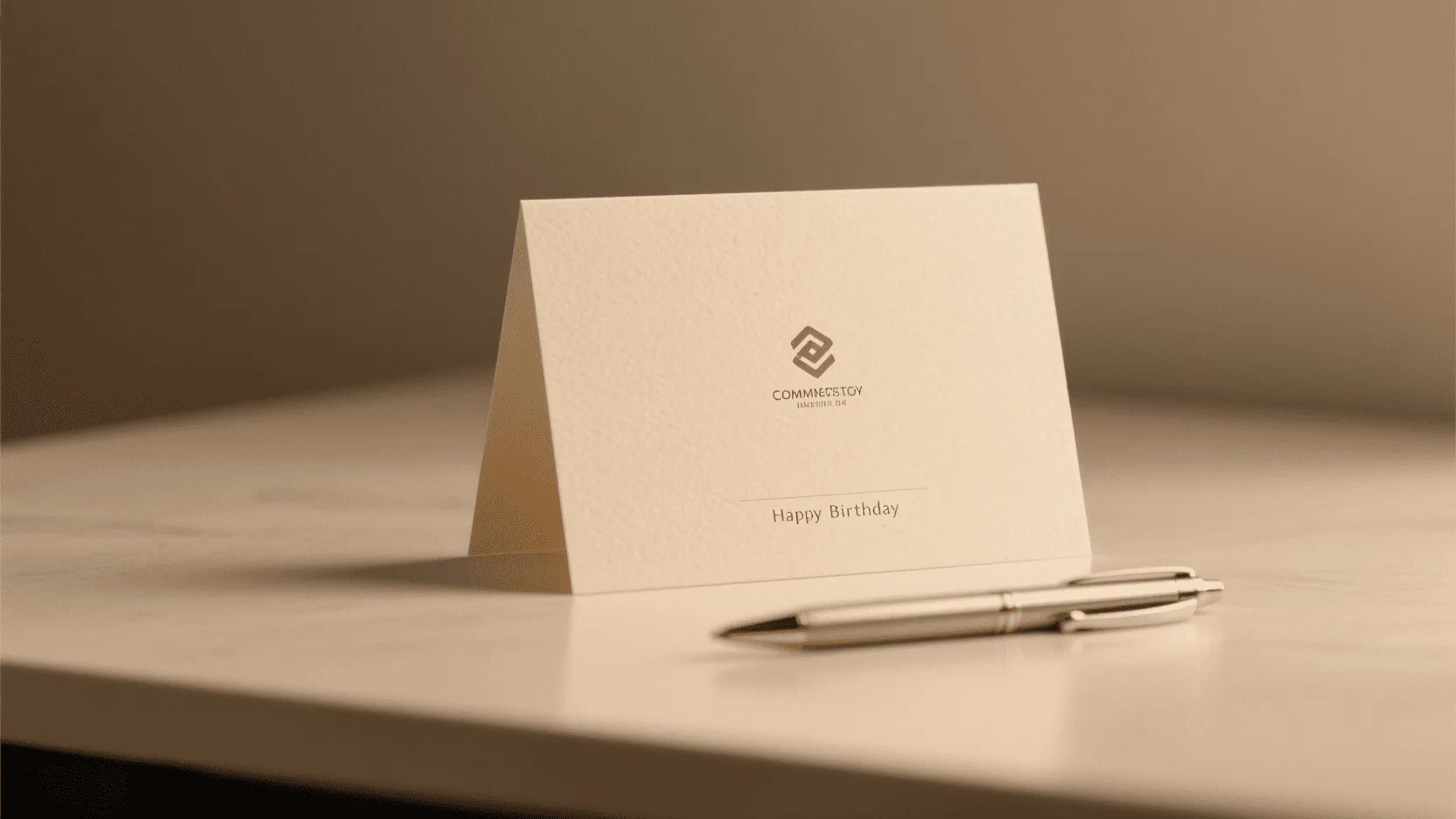 A high-quality, elegant birthday card with a corporate logo subtly placed on the back, sitting next to a pen on a clean desk.