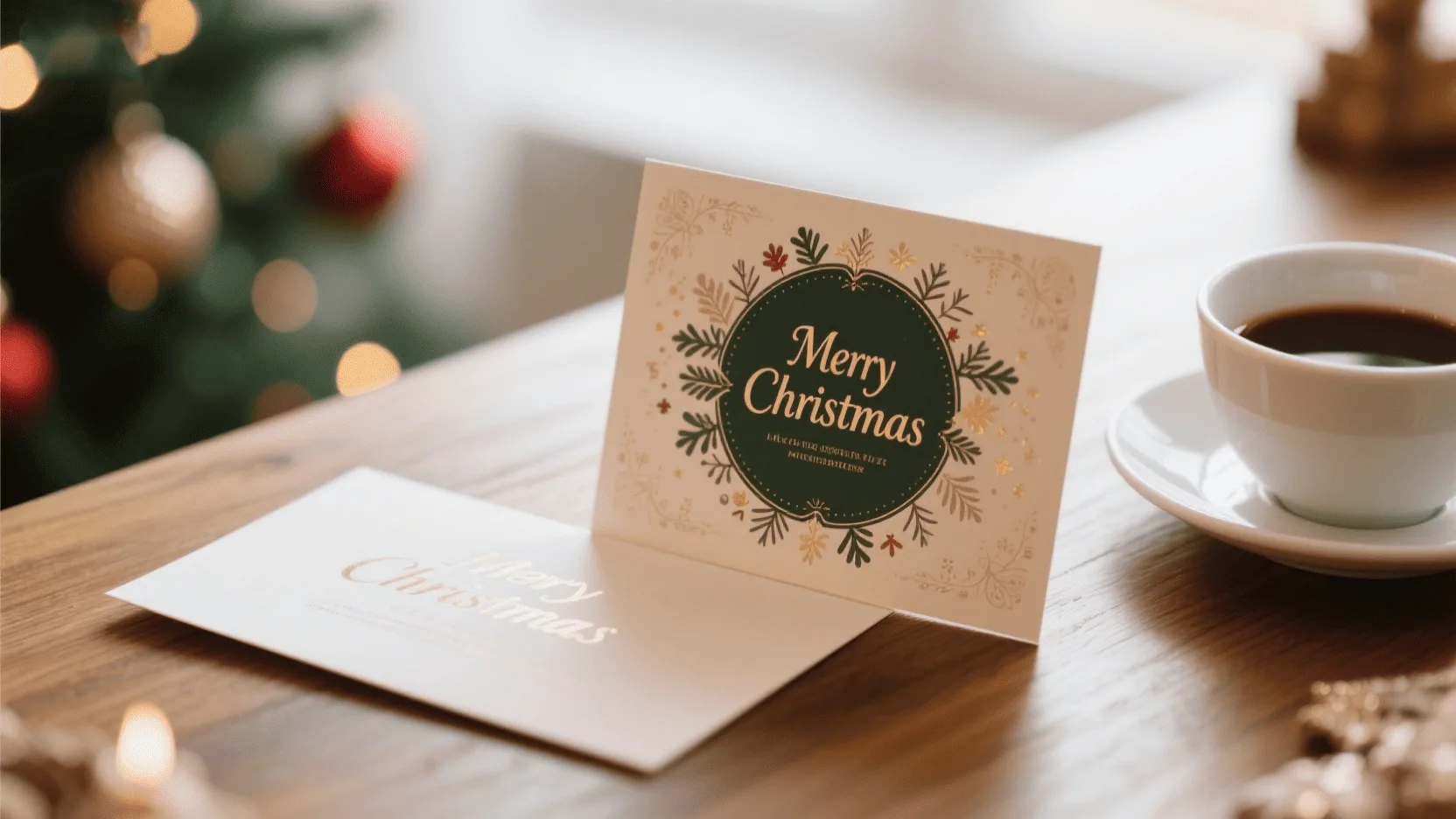 A high-quality, custom-designed Christmas card with elegant typography lying on a wooden desk next to a cup of coffee.