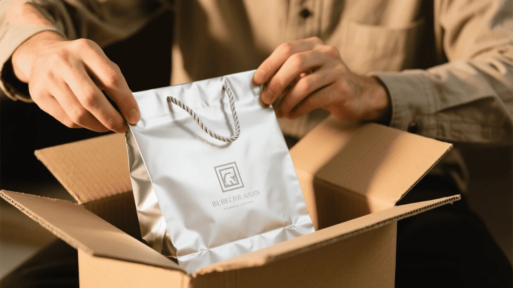 A person opening a shipping box to reveal a beautifully branded silver paper bag inside.