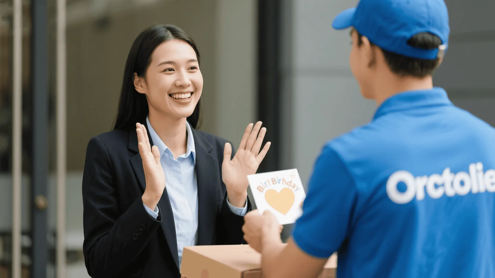 A smiling professional receiving a birthday card from a delivery person, looking pleasantly surprised.