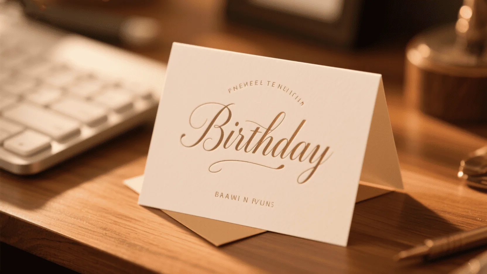 A close-up of a high-quality, custom-printed birthday card with elegant typography on a wooden desk.