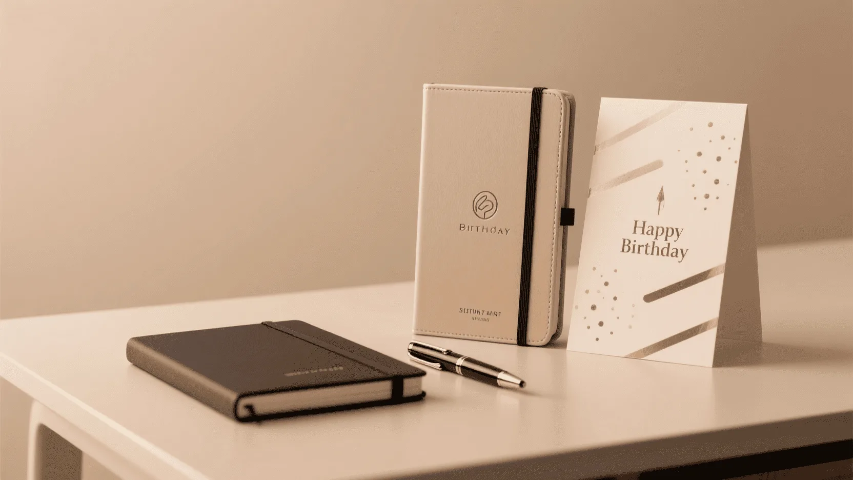 An elegant desk setup featuring a branded notebook, a high-quality pen, and a stylish birthday card standing upright.