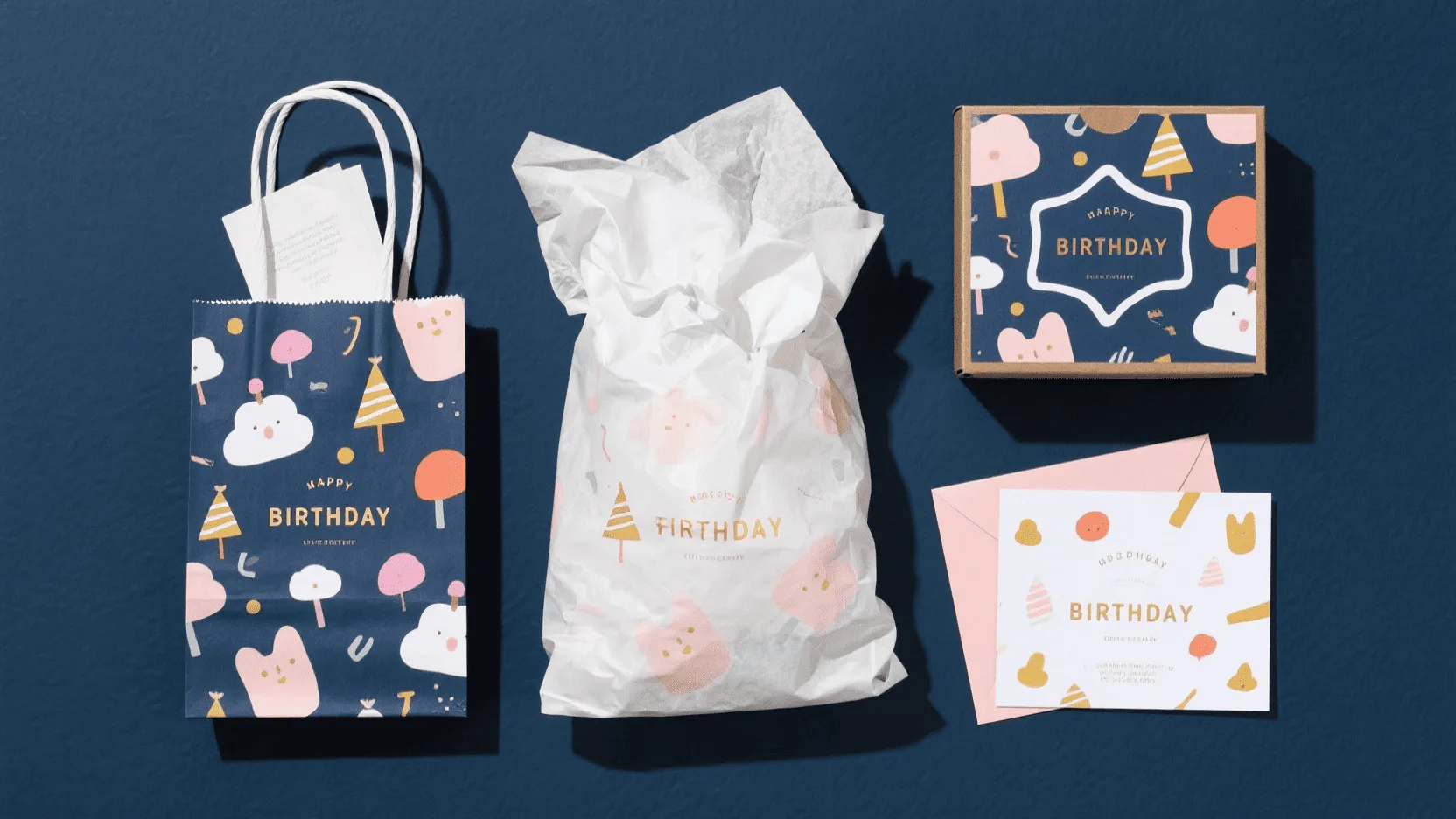 A flat lay of a cohesive packaging suite a gift bag, tissue paper, a box, and a matching birthday card, all sharing the same design theme.