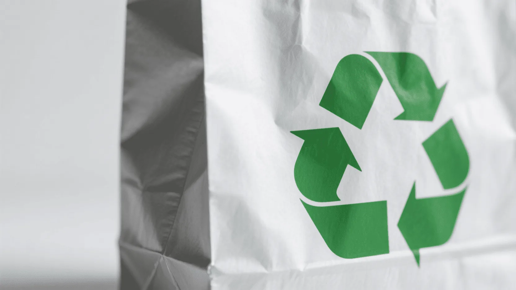A close-up of a silver paper bag with a green recycling symbol subtly embossed on it.