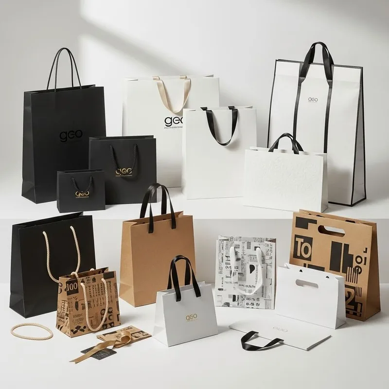 Retail paper shopping bags for fashion and apparel with rope or twisted handles