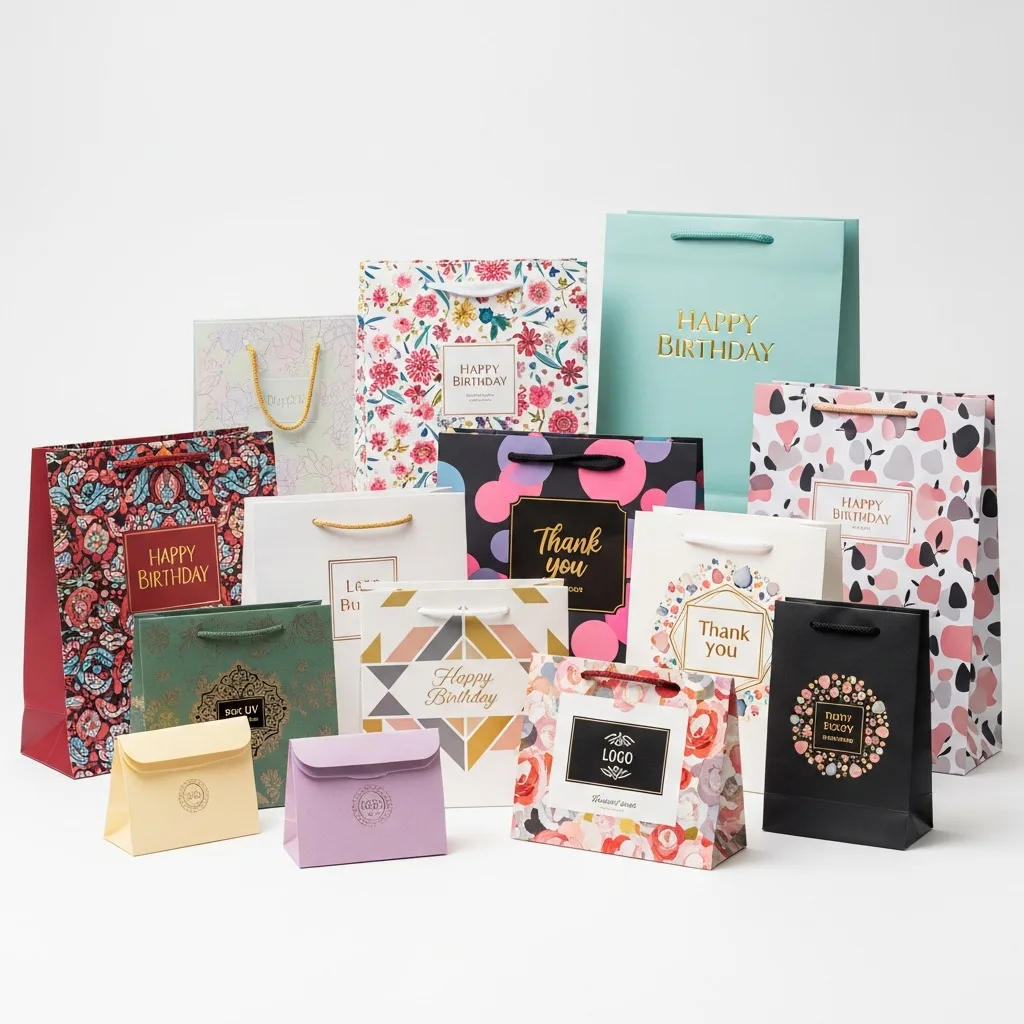 Premium gift packaging paper bags with ribbon handles and foil stamping