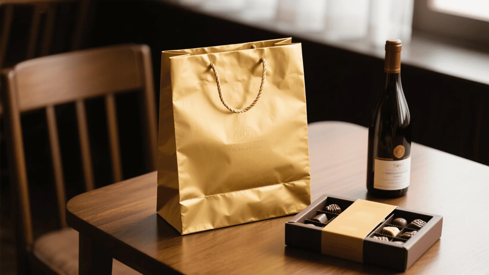 An elegant gold paper bag sitting on a wooden table next to a box of artisanal chocolates and a bottle of wine.