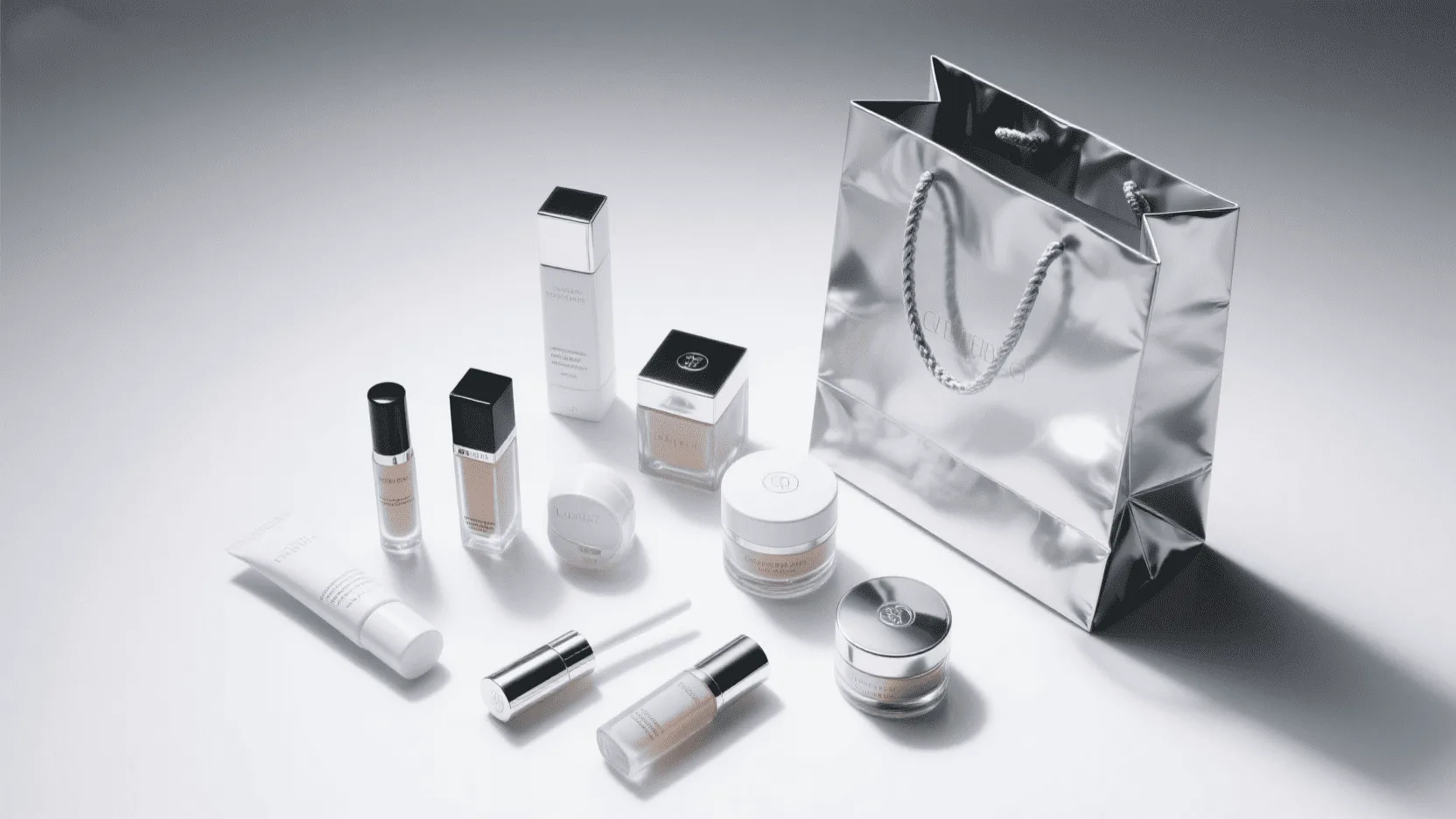 A collection of luxury cosmetic products displayed next to a sleek silver paper shopping bag.