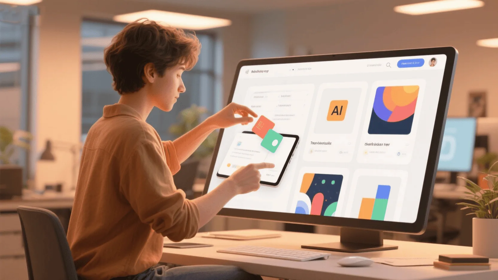 A person using a tablet to drag and drop elements on an online card design tool, with AI-suggested layouts visible on the screen.