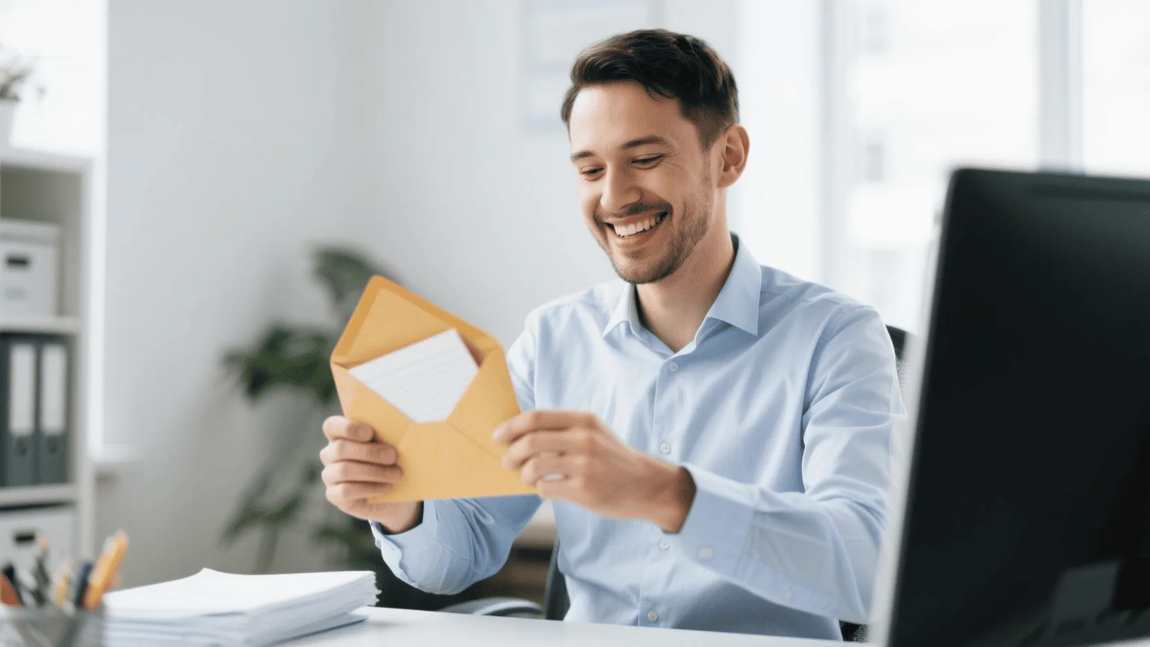 An office worker smiling as they open a physical envelope, clearly happy with the surprise inside.