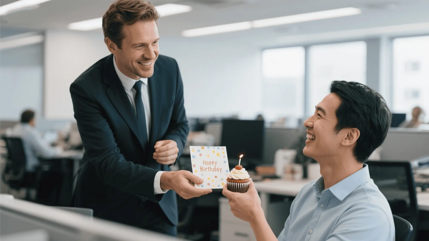 A manager handing a birthday card and a small cupcake to a happy employee in an office setting.