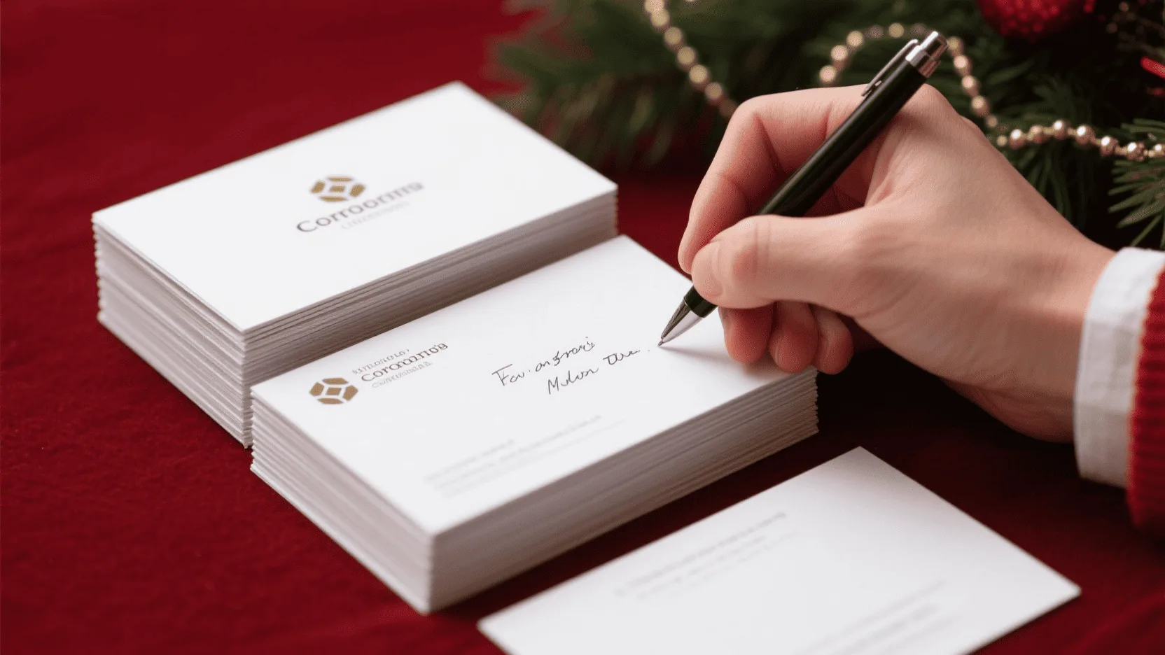 A hand is shown writing a personal note inside a stack of professionally printed corporate holiday cards.