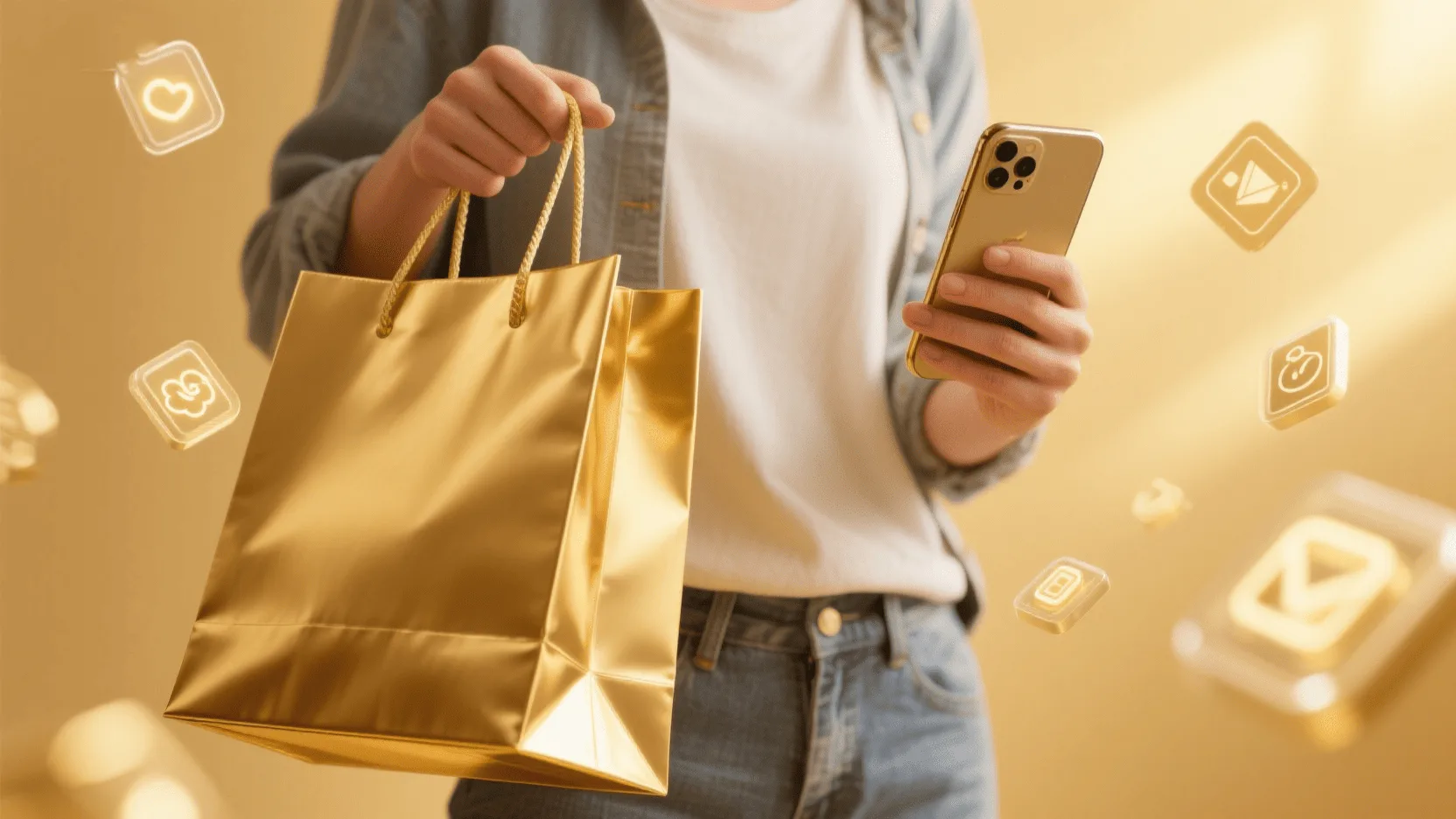 A person holding a smartphone up to a stylish gold shopping bag, with digital icons floating around the phone screen.