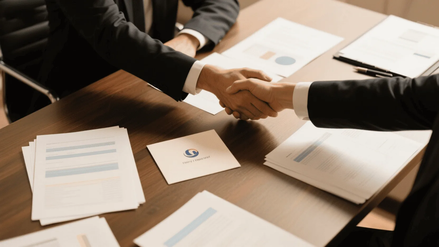 Two business partners shaking hands across a table, with a branded greeting card visible among the documents.