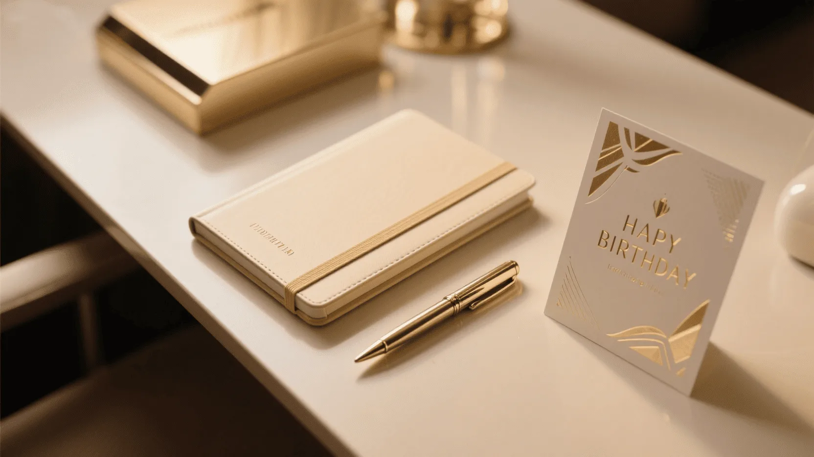 A modern office desk with a laptop showing a CRM dashboard next to a stack of beautifully designed custom birthday cards.