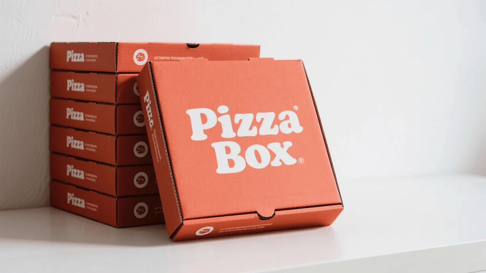 A neatly stacked pile of custom-branded pizza boxes, suggesting efficiency and brand consistency.