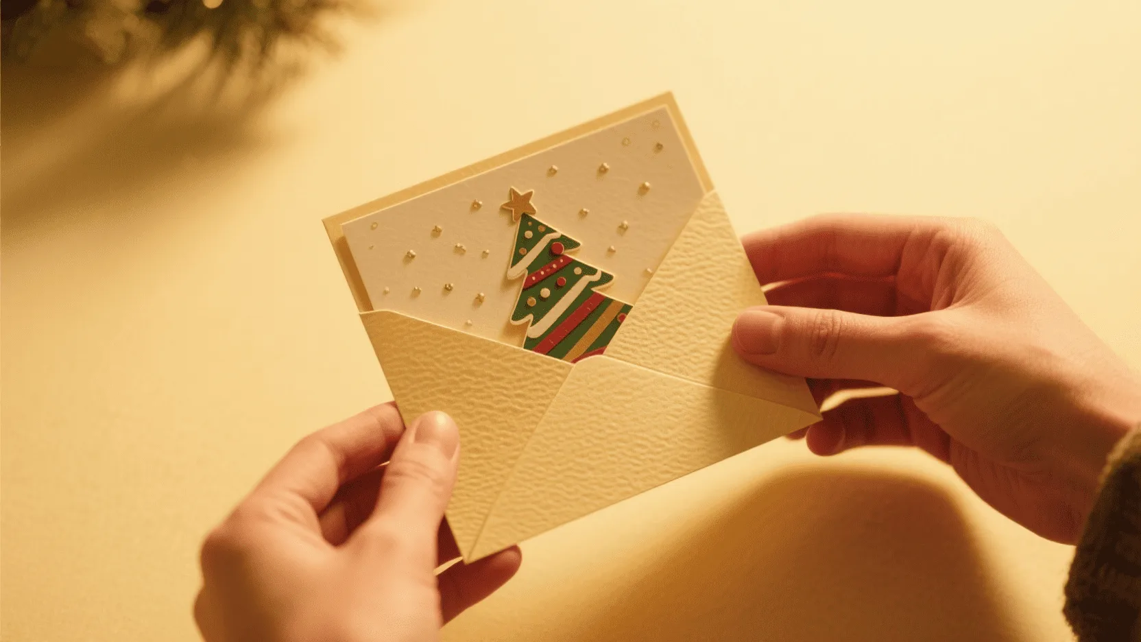 A person's hands holding and opening a beautifully crafted paper Christmas card, showing the texture of the paper.